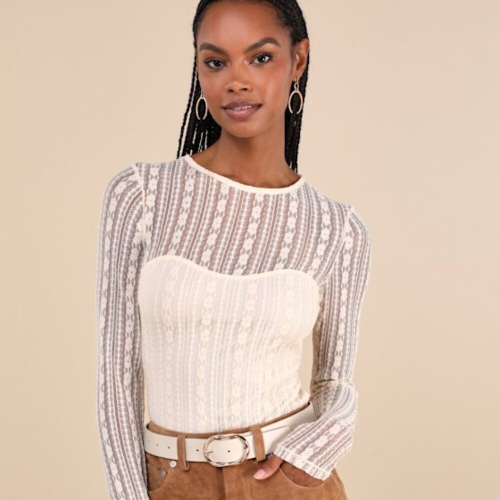 Lulus Sheer Passion Cream Sheer Lace Long Sleeve Top Beige - Size S